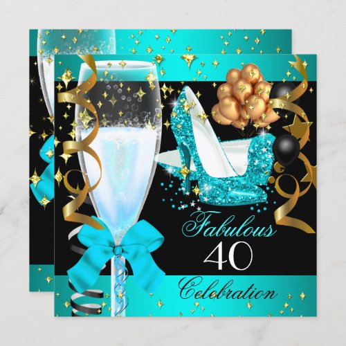 40 Fabulous Teal Blue Gold 40th Birthday Party 2 Invitation