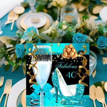 40 Fabulous Teal Blue Gold 40th Birthday Party 3 Invitation by Zizzago at Zazzle
