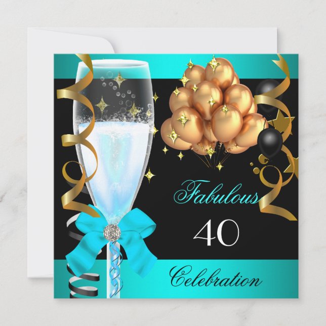 40 Fabulous Teal Blue Gold 40th Birthday Party Invitation (Front)