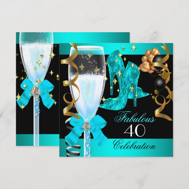 40 Fabulous Teal Blue Gold 40th Birthday Party Invitation (Front/Back)
