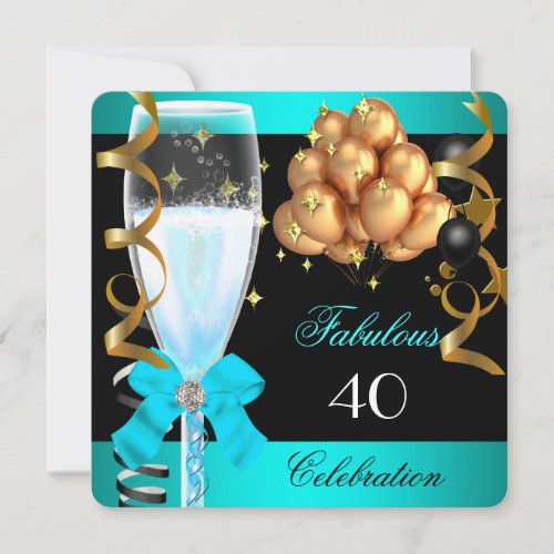 40 Fabulous Teal Blue Gold 40th Birthday Party Invitation