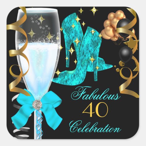 40  Fabulous Teal Blue Gold Birthday Shoes Square Sticker