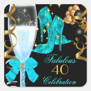 40 & Fabulous Teal Blue Gold Birthday Shoes Square Sticker