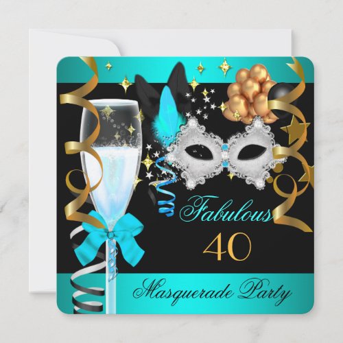 40 Fabulous Teal Blue Gold Masquerade Party Invitation