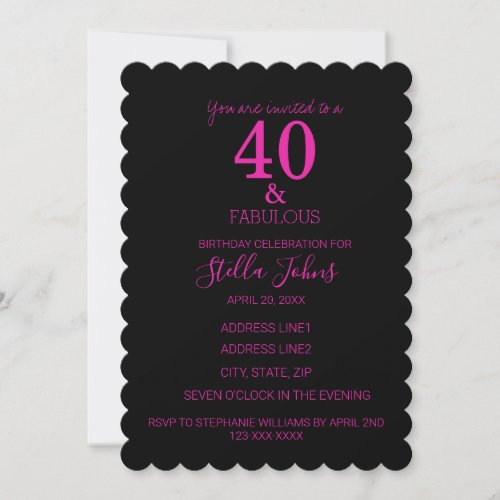 40 FabulousHot Pink Black Scallopped  Birthday  Invitation