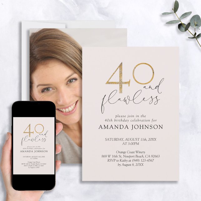 40 & Flawless Blush Pink & Gold Photo Birthday Invitation (Creator Uploaded)