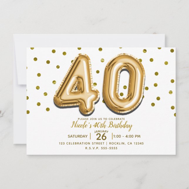 40 Gold Balloons & Confetti 40th Birthday Party Invitation (Front)