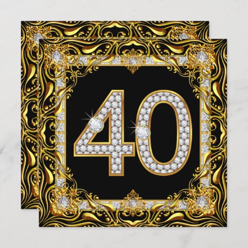40 Gold Diamond Black 40th Birthday Party Invitation