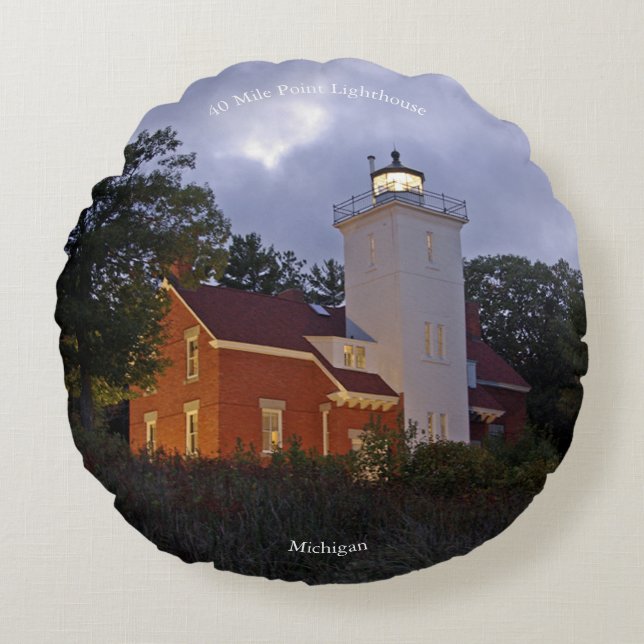 40 Mile Point Lighthouse dusk round pillow (Front)