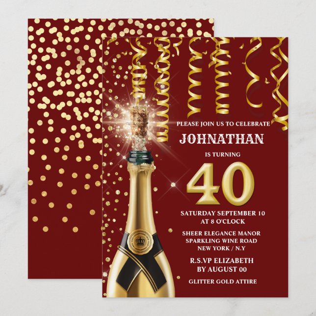 40 milestone sparkling wine burgundy gold glitter invitation (Front/Back)
