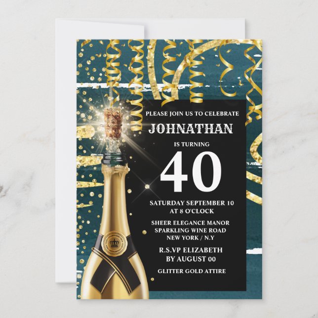 40 milestone sparkling wine gold blue glitter chic invitation (Front)