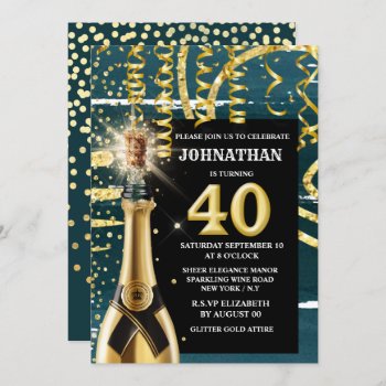40 Milestone Sparkling Wine Gold Blue Glitter Invitation by mensgifts at Zazzle