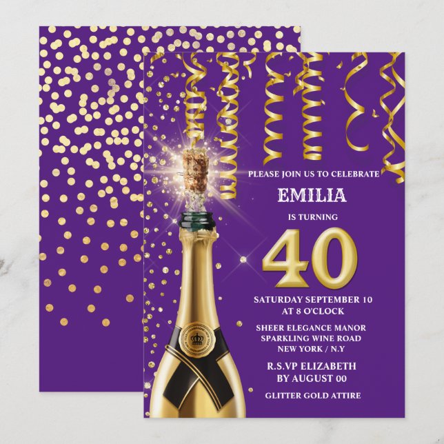 40 milestone sparkling wine purple gold glitter invitation (Front/Back)