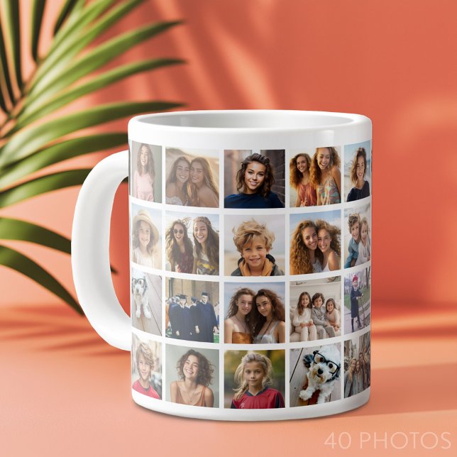 40 Photo Collage - 4 Rows 10 Columns - White Giant Coffee Mug (Custom Photo Collage Mug)