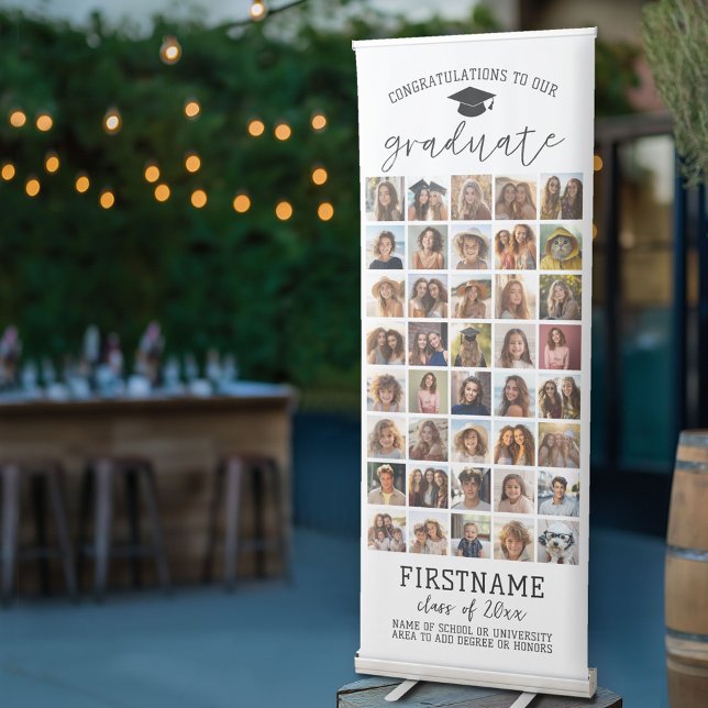 40 Photo - Graduation Modern Minimal White Retractable Banner (Custom Graduation Banner with Stand)