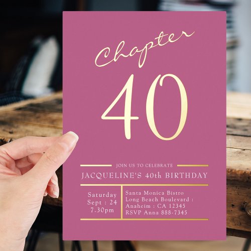 40 Pink 40th Birthday Party Gold Foil Invitation
