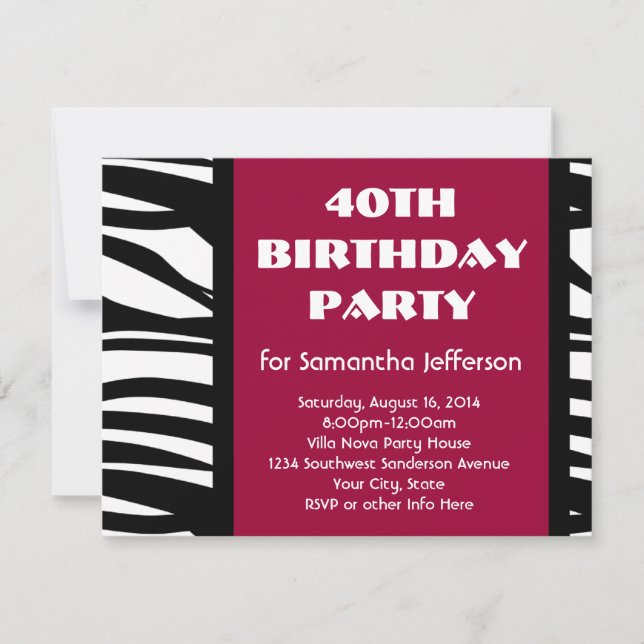 40 Pink+Black Zebra Invitations (Front)