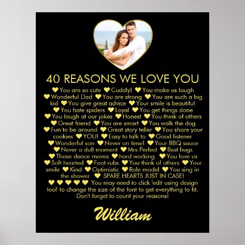 40 Reasons We Love You 40th Birthday Photo Heart Poster