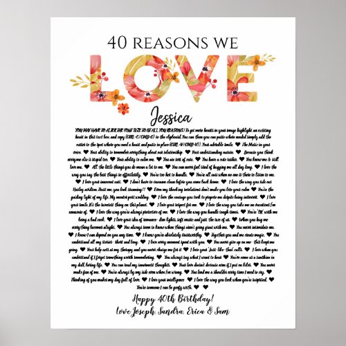 40 reasons we love you birthday gift mom sister poster
