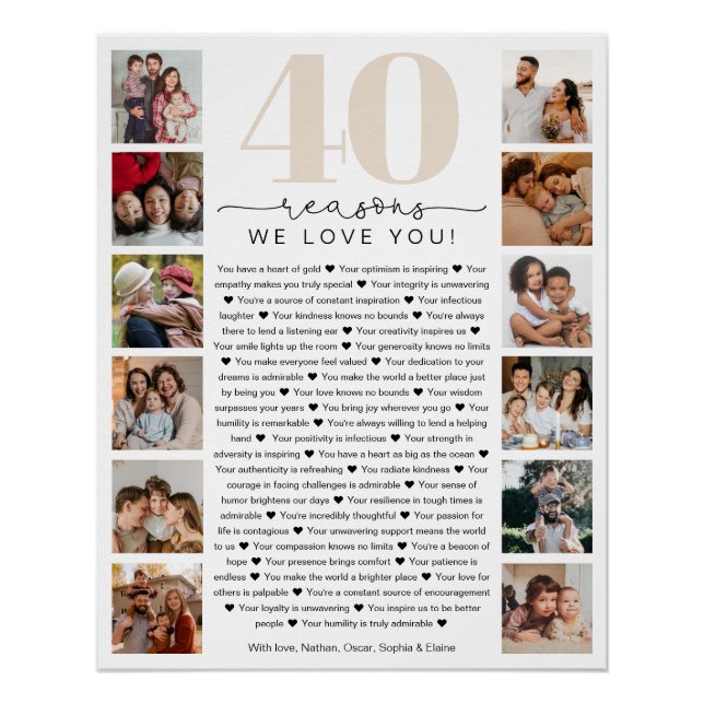 40 Reasons We Love You Birthday Keepsake Gift Poster (Front)