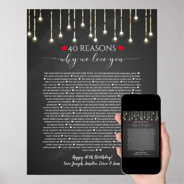 40 reasons why I love you chalkboard lights Poster | Zazzle