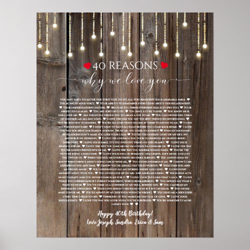 40 reasons why I love you wood lights Poster