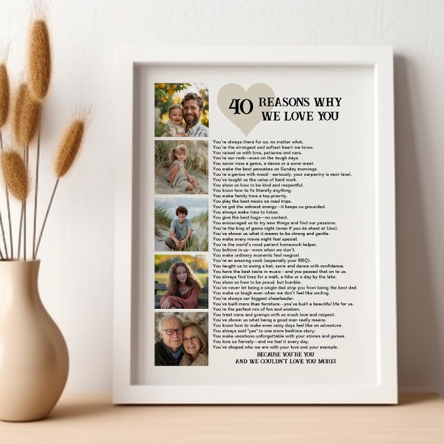 40 Reasons Why We Love You 40th Birthday Photo Poster (Sentimental printable photo poster for 40th birthday, father's day or other special )