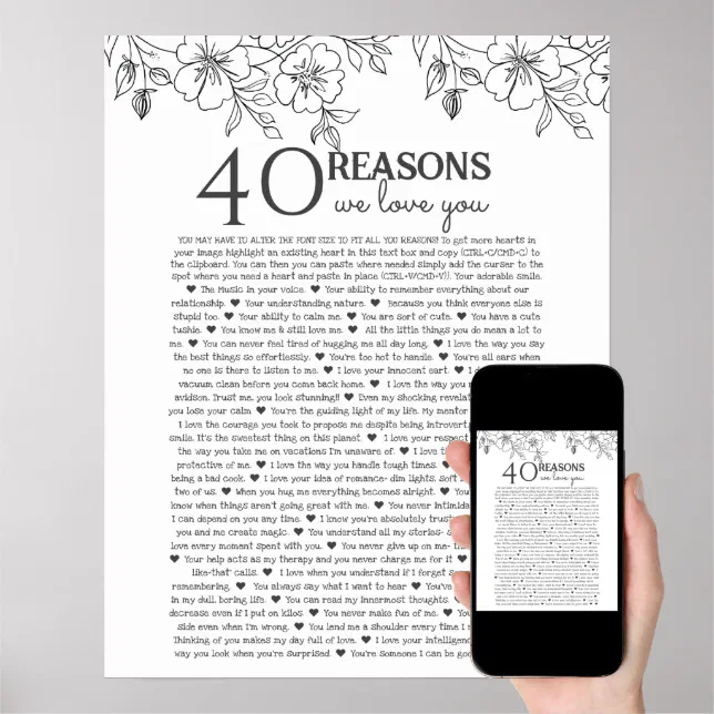 40 reasons why we love you floral line drawing poster | Zazzle