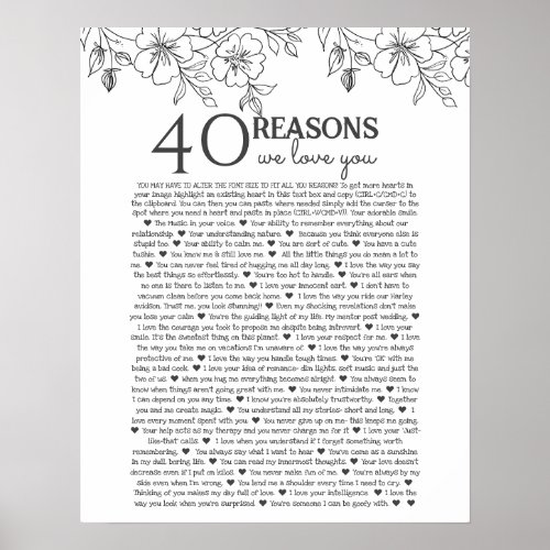 40 reasons why we love you floral line drawing poster