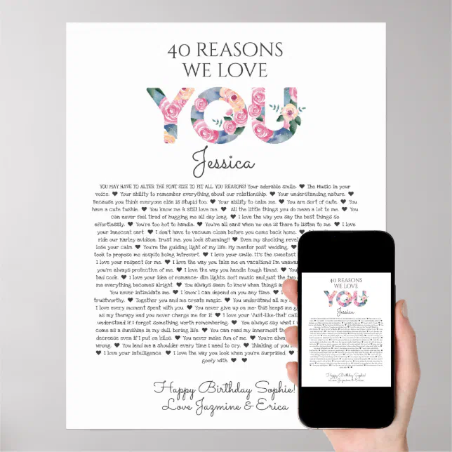 40 reasons why we love you pink blue floral poster | Zazzle