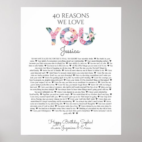 40 reasons why we love you pink blue floral poster