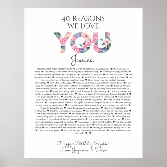 40 reasons why we love you pink blue floral poster | Zazzle.com