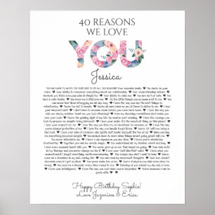 40 reasons why we love you pink blue floral poster