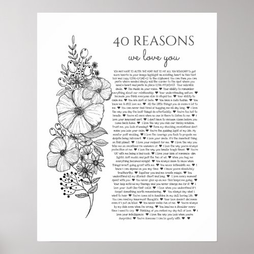 40 reasons why we love you tattoo style gift poster