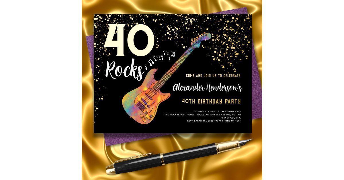 40 Rocks Birthday Party Black and Gold Glitter Foil Invitation Postcard ...