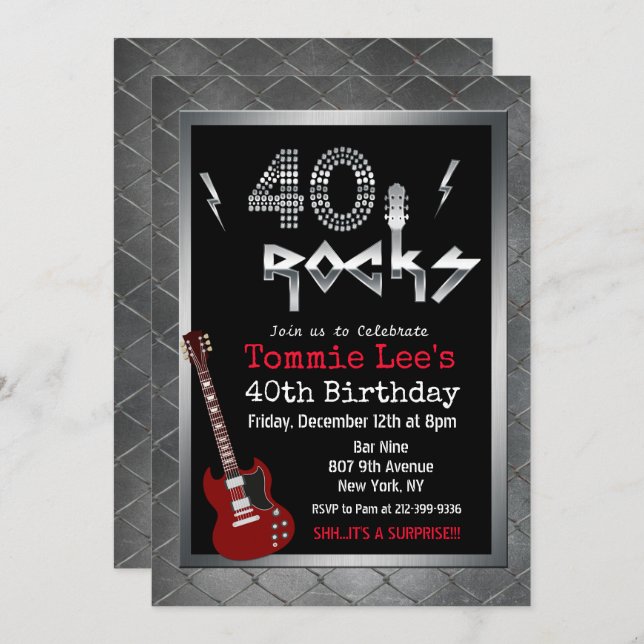 40 Rocks Rockstar Guitar 40th Birthday Invitation (Front/Back)
