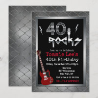 40 Rocks Rockstar Guitar 40th Birthday Invitation