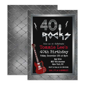 40 Rocks Rockstar Guitar 40th Birthday Invitation