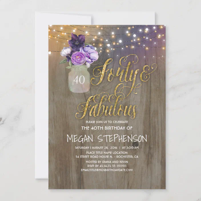 Rustic 40th Birthday Invitation Printable mason jar purple 40 birthday party woman invite forty bday celebration instant download pdf file