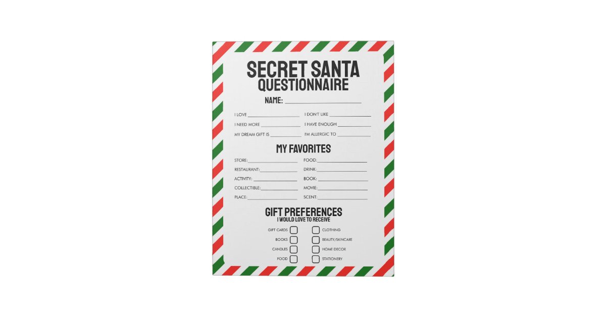 Questionnaire Notepad 40 Tear-Off Secret Santa Questionnaires Notepad | Zazzle