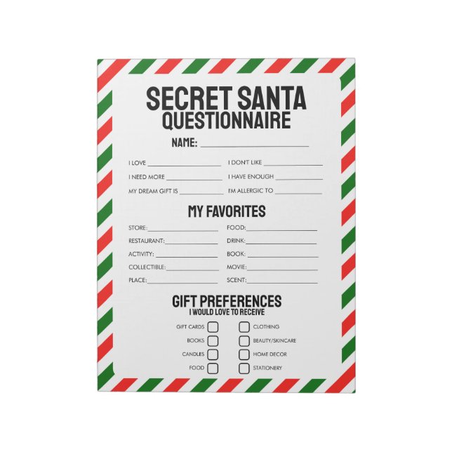 40 Tear-Off Secret Santa Questionnaires Notepad (Rotated)