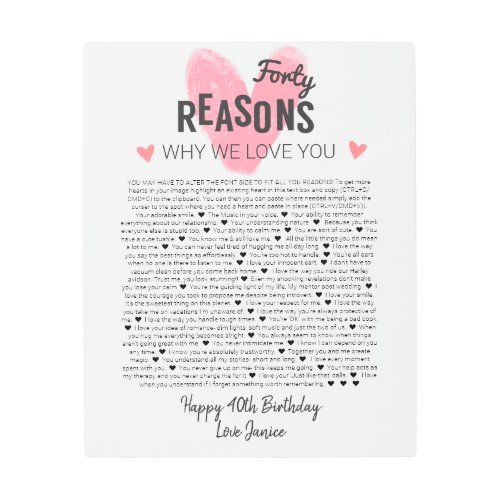 40 things I love about you anniversary birth Metal Print