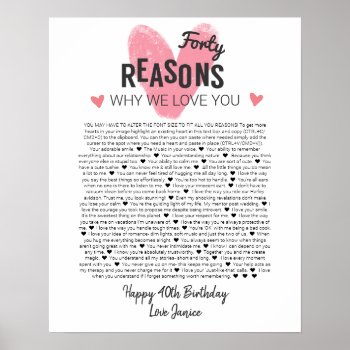 40 Things I Love About You Anniversary Birth Poster by TheArtyApples at Zazzle