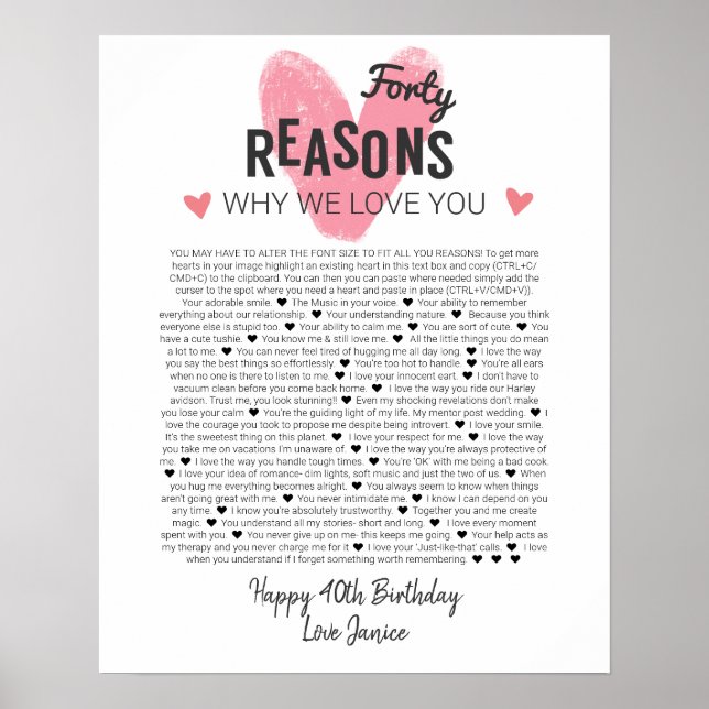 40 things I love about you anniversary birth Poster (Front)