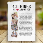 40 Things We Love About You | 40th Birthday Card<br><div class="desc">Looking for a unique birthday gift? Compile a list of 40 things you love about the birthday girl as she turns 40 and add some photographs to make a keepsake gift she will treasure.</div>