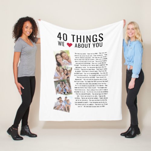 40 Things We Love About You  40th Birthday Fleece Blanket