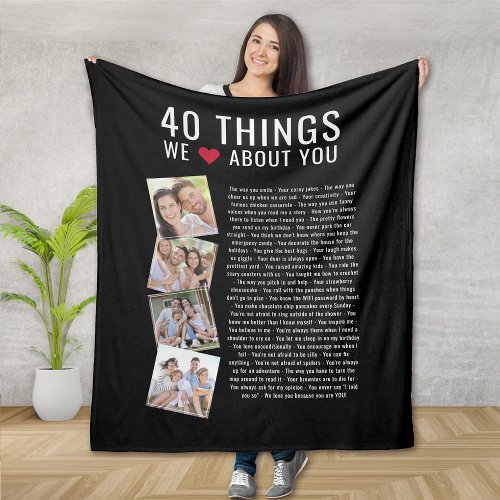 40 Things We Love About You  40th Birthday Fleece Blanket