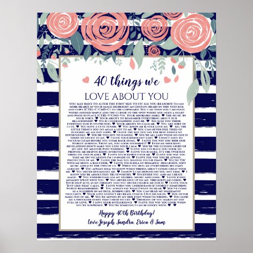 40 things we love about you navy stripes pink rose poster
