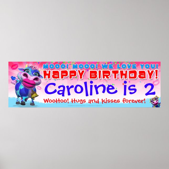 40"x12 " GiggleBellies Kissy Moo Birthday Banner Poster (Front)