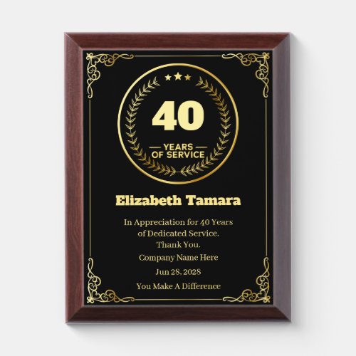 40 Year Work Anniversary  Employee Appreciation Award Plaque